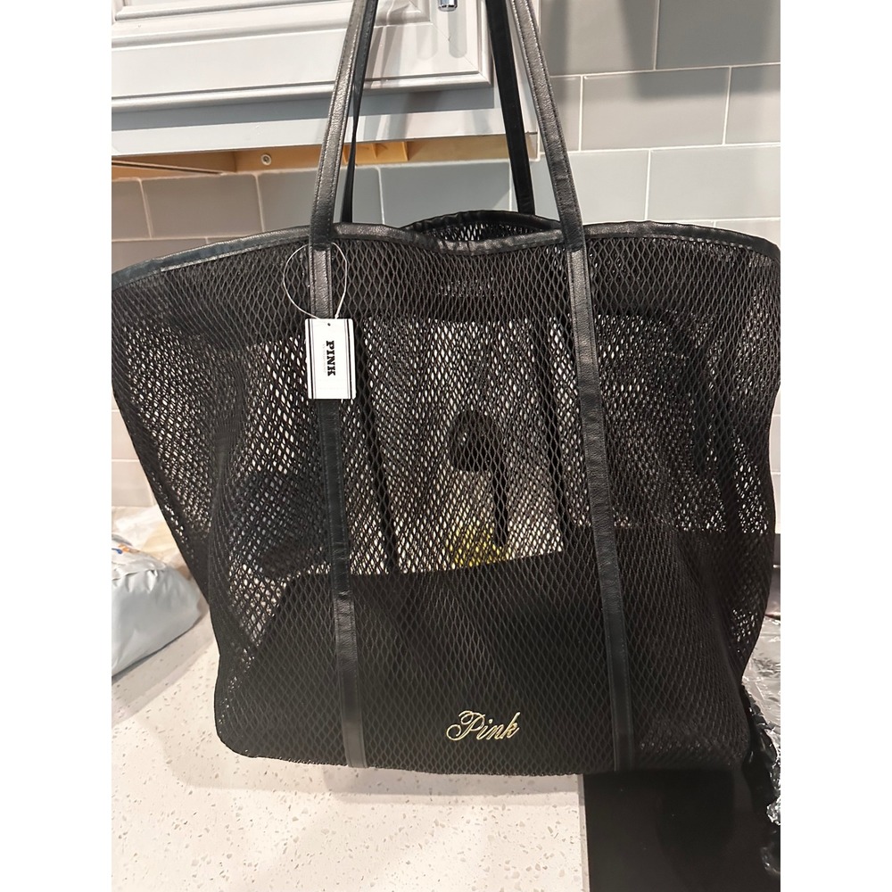 Pink Victoria's Secret Black Mesh Tote Bag Beach Gym Shoulder Bag NWT 11287626
